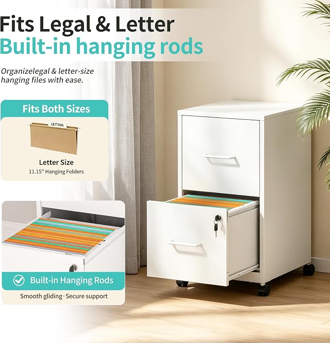 SAWJEC 2 Drawer Metal File Cabinet with Lock, White Mobile Filing Cabinet for Home Office, Assembly Required, Vertical Locking File Cabinet with Letter Size Hanging Files, 17.7" D x 15.0" W x 26.8" H