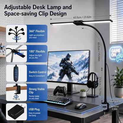 LED Desk Lamp for Home Office, Eye-Care Architect Light with Clamp, Double Head Computer Monitor Table Light with 3 Color Modes 10 Brightness, Adjustable for Reading, Study, Drafting, Workbench, Black