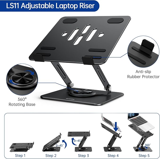 BESIGN Laptop Stand with 360° Rotating Base, Ergonomic Adjustable Notebook Riser, Foldable Computer Holder Compatible with 10-14" Laptops, LS11 Black