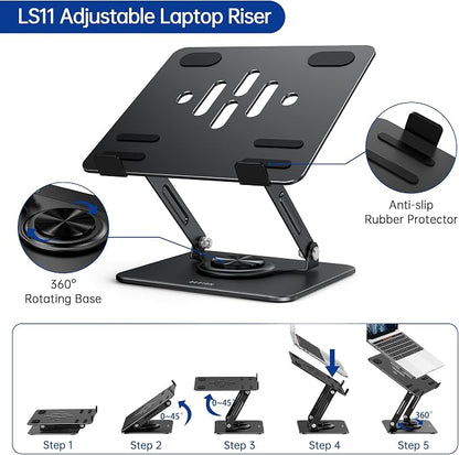 BESIGN Laptop Stand with 360° Rotating Base, Ergonomic Adjustable Notebook Riser, Foldable Computer Holder Compatible with 10-14" Laptops, LS11 Black
