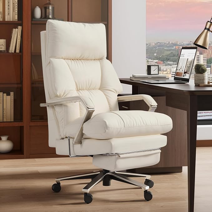 OKUP M76 160° Reclining Executive Office Chair with Footrest, Adjustable Seat Depth Leather Office Chair, 8" Thick Sofa-Like Cushion, 420 lb Reinforced High Back Desk Chair for Home Office, Cream