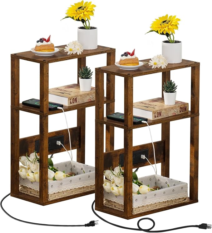 YUFAM 3-Tier Small Narrow Wood Side Table Set of 2 with Charging Station - Skinny Nightstand for Small Spaces, Slim Bedside Table with USB Ports and Outlets - Thin End Table with Storage, Brown