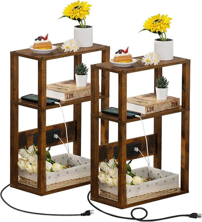YUFAM 3-Tier Small Narrow Wood Side Table Set of 2 with Charging Station - Skinny Nightstand for Small Spaces, Slim Bedside Table with USB Ports and Outlets - Thin End Table with Storage, Brown