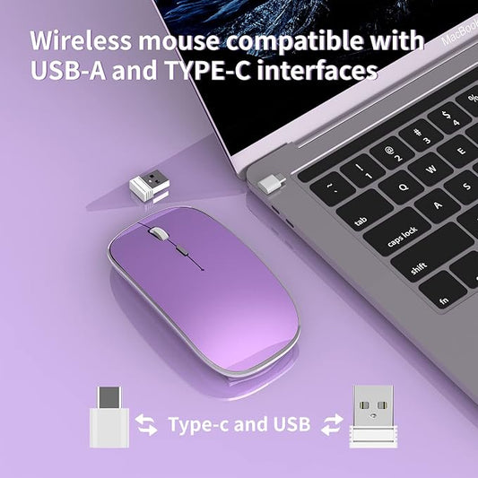 Halpilt Wireless Mouse Chargeable Portable Silent USB and Type-C Dual Mode Wireless Mouse 3 Adjustable DPI for Laptop, Mac, Android, PC (Q23S Purple)