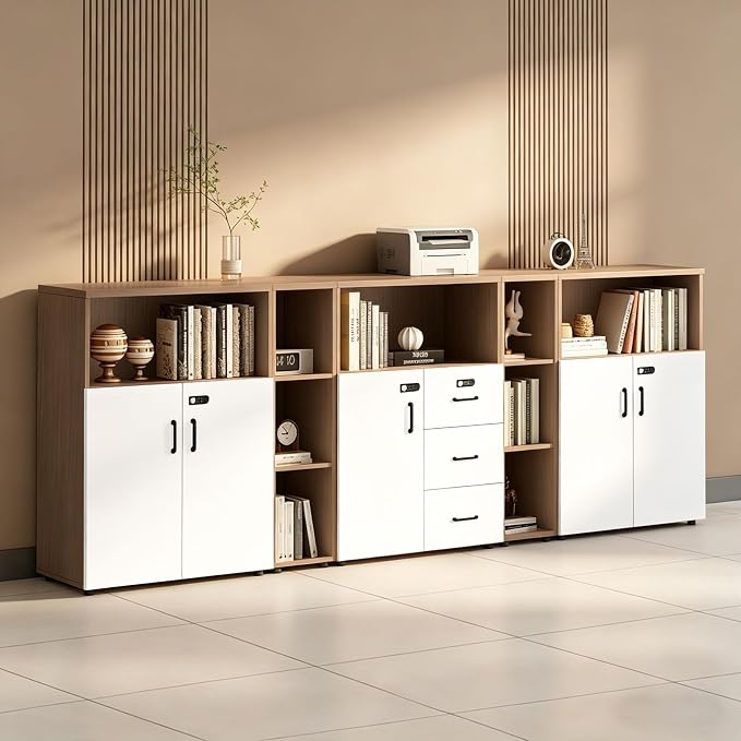 File Cabinet with Password Lock, Wood Lateral Filing Cabinet for Letter/A4 Files, 3 Drawer with Door, Printer Stand with Open Shelves for Home Office