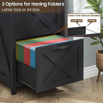 Halitaa 2 Drawer Small File Cabinet, Farmhouse Vertical Filing Cabinet Fits Letter and A4 Size, Under Desk Wooden File Cabinets for Home Office, Printer Stand, Black