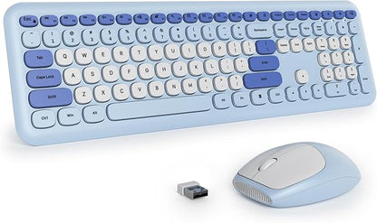 surmen Blue Keyboard and Mouse Wireless, Cute Wireless Typewriter, Full Size Slim Silent Keyboard Round Keys Aesthetic for Home and Office(Colorful Blue)