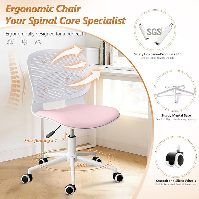 Home Office Chair, Armless Mid-Back Computer Desk Chair with Breathable Backrest and Padded Cushion, Height Adjustable Swivel Ergonomic Task Chair for Home, Work, Study
