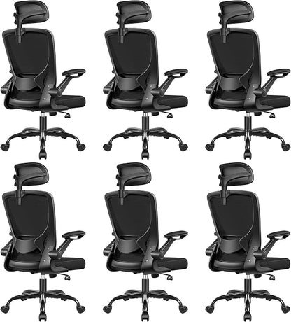 BESTFAIR Office Chair Ergonomic Desk Chair, Breathable Mesh Office Chairs with Adjustable Lumbar Support, Flip-Up Arms, Computer Desk Chair Comfy for Home Office, 6 Pack
