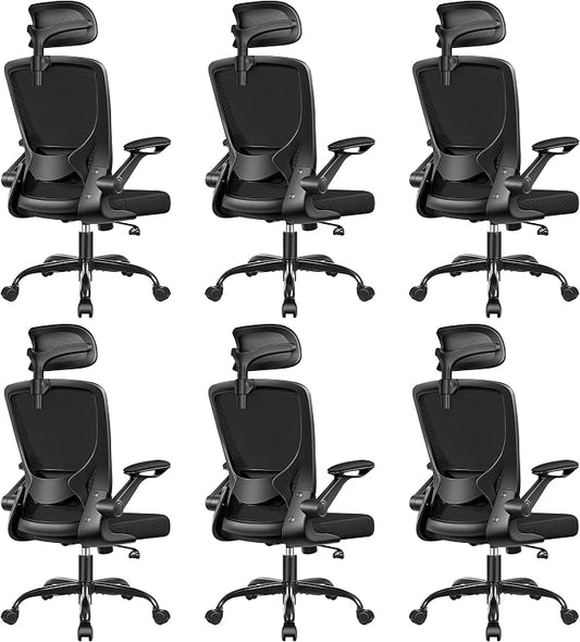 BESTFAIR Office Chair Ergonomic Desk Chair, Breathable Mesh Office Chairs with Adjustable Lumbar Support, Flip-Up Arms, Computer Desk Chair Comfy for Home Office, 6 Pack