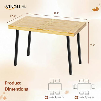 VINGLI 48 Inch Solid Wood Dining Table for 4-6, Oak Rectangular Kitchen Table with Waterproof Tabletop for Indoor & Outdoor Use, Pine Wood Dinner Table for Patio, Dining Room, Kitchen, Apartment