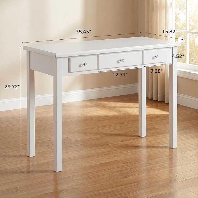 STHOUYN Small White Writing Desk with Drawers, Vanity Table for Bedroom | Small Farmhouse Makeup Vanity Desk No Mirror, Adult/Student Writing Desk with Drawers for Small Spaces, Home Office, Study