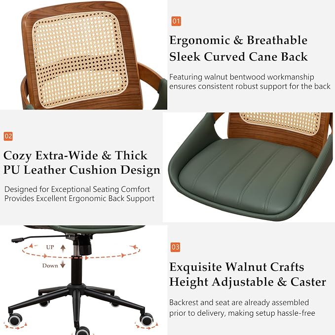 Home Office Desk Chair with Ergonomic Rattan Backrest, Walnut Crafts, Curved Arms, Faux Leather, Caster Wheels, Height Adjustable, Computer Chair for Desk Work, Executive Task, Conference Room - Green