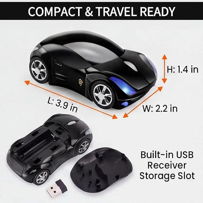 Black Wireless Car Mouse, 2.4G with USB Receiver, 1600DPI Optical, Ergonomic Mini Computer Mouse, for Laptop, PC, Tablet, Windows, Mac OS