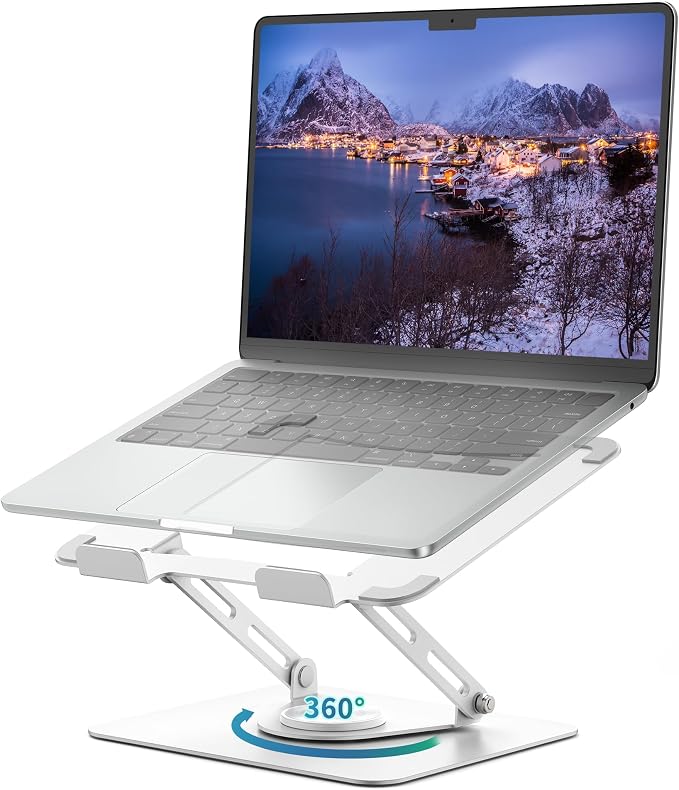ALASHI Laptop Stand for Desk with 360° Rotating Base, Multi-Angle Adjustable Laptop Stands, Foldable Laptop Riser Compatible with 10 to 17 Inches PC Computer, White