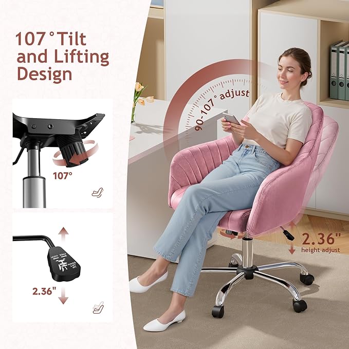 Warmiehomy Vanity Chair, Velvet Office Chair, Desk Chair for Home Office, Comfy Task Chair with Arm Rest for Reading Makeup, Dusty Rose