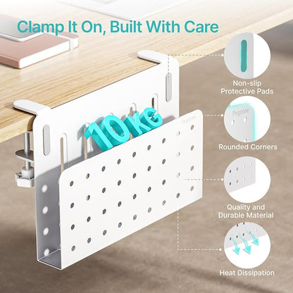 PEGZONE Desk Side Storage Organizer, No Drill Under Desk Laptop Holder, Clamp on Desks Shelf with Pegboard Accessories, Hanging Laptop Mount, Fits Flat Edge 0.4" to 2.2", White