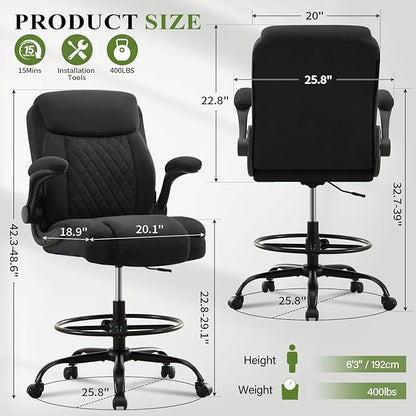 Drafting Chair Tall Office Chair for Standing Desk, Ergonomic Tall Desk Chair with Adjustable Foot Ring, Flip-Up Armrests, Lumbar Support, Comfortable Fabric Seat – Ideal for Home and Office Use