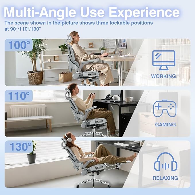 Ergonomic Mesh Office Chair with Footrest, High Back Desk Chair with 4D Armrests, 3-Zone Dynamic Lumbar Support, Ergonomic Office Chair with Wheels (Silver Gray)