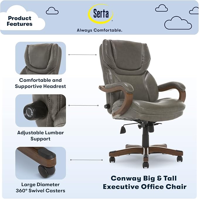 Serta Conway Big & Tall Executive Office Chair, Ergonomic High-Back with Adjustable Lumbar, Semi Plush Cushion and Body Pillows, Padded Armrests, Wooden Swivel Base, Bonded Leather, Gray