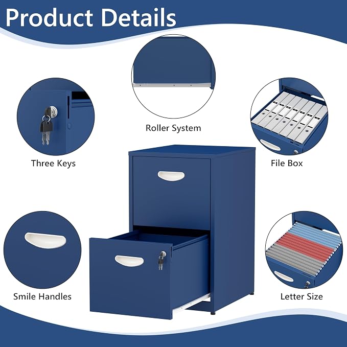 2 Drawer File Cabinet with Lock,Blue Small Filing Cabinet for Home Office,Metal Vertical File Under Desk Cabinets for A4/Letter,Assembly Required