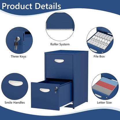 2 Drawer File Cabinet with Lock,Blue Small Filing Cabinet for Home Office,Metal Vertical File Under Desk Cabinets for A4/Letter,Assembly Required