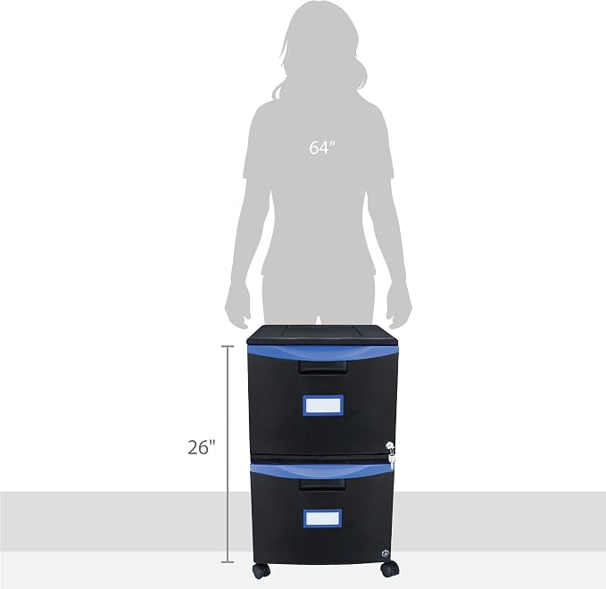 Storex Plastic Two-Drawer Mobile Pedestal File Cabinet – Locking Document Organizer with Casters for Home and Office, Black, 1-Pack (61314C01C)
