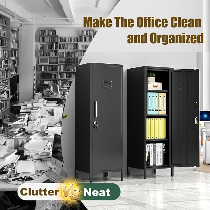 Black Metal Locker Cabinet, 47" H Home Office Storage Lockers, Vertical Steel Storage Cabinet with Locking Door and 3 Adjustable Shelves, Garage Tool File Cabinets for Home Office,Garage,Bathroom
