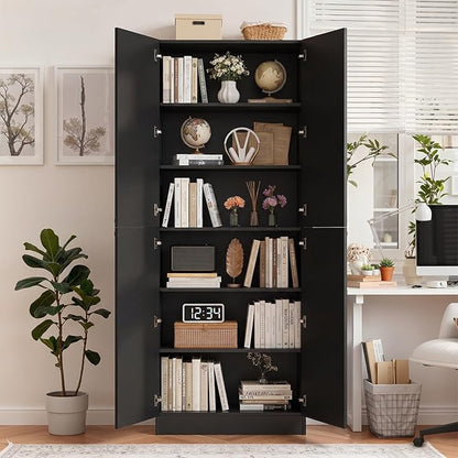 Cyclysio 80" Storage Cabinet, Tall Arched Bookcase with 4 Soft Close Doors, 6-Tier Wooden Pantry with Adjustable Shelves, Seamless Fit Wall for Home Office, Living Room, Kitchen (Black)