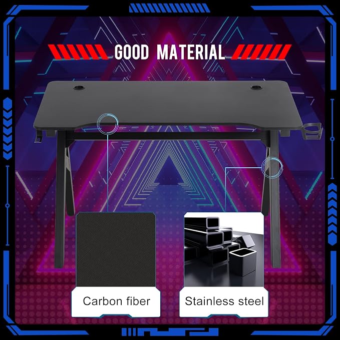FDW Computer Desk Gaming Desk Student PC Desk Writing Desk Office Desk Modern Ergonomic Racing Style Table Workstation Carbon Fiber Headphone Hook (47in, Blue)