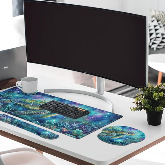 Britimes Turtle Galaxy Ocean Keyboard Mouse Pad Set Watercolor Coral 4in1 Large Mousepad+Keyboard Wrist Rest+Mouse Wrist Rest+Coaster Ergonomic Design for Home Office Computer 35.4x15.7 inches