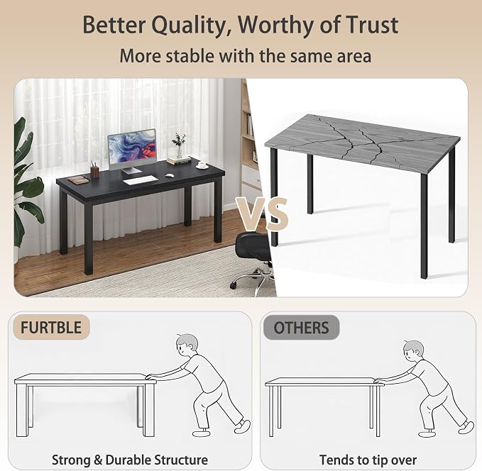 Modern Simple Table with Thick Tabletop, 47 Inch Small Computer Desk, Gaming Desk with Adjustable Feet, Study Writing Table for Home Office Work, Black