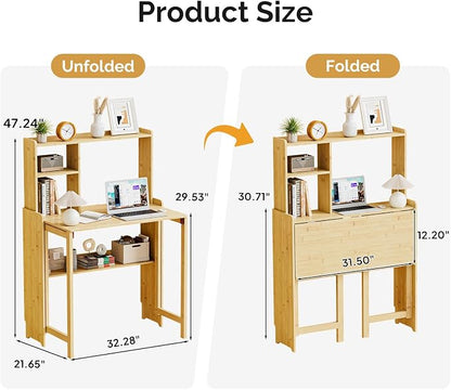 Bamboo Folding Desk with Bookshelf, Compact Computer Desk with Hutch for Small Spaces, Foldable Desk with Storage Shelf, Space-Saving Home Office Desk for Bedroom, Dorm, Apartment,Natural
