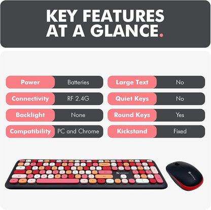 X9 Cute Wireless Keyboard and Mouse Combo - 2.4G Colorful Keyboard and Mouse Wireless with Retro Multi-Colored Typewriter, Keycaps for Windows Computer Keyboard, Laptop - Black