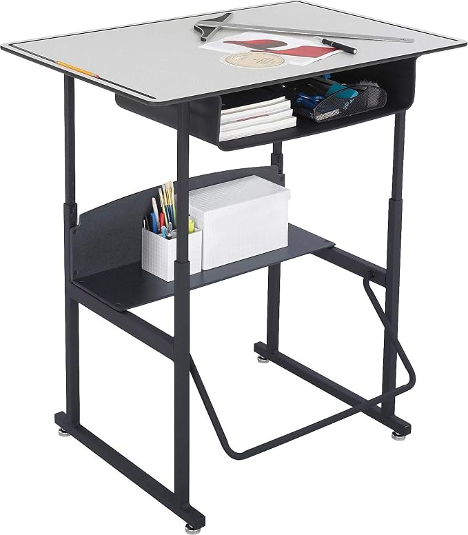 Safco Products AlphaBetter Adjustable-Height Desk, 1209GR, 36" W x 24" D Premium Desktop, Book Box, Swinging Footrest Bar