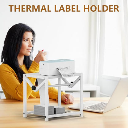 Label Holder for Rolls and Fanfold Labels, Wooden & Metal Thermal Sticker Label Printer Holder for Desktop, Sticker Roll Holder for Home Office Small Business Essentials, White