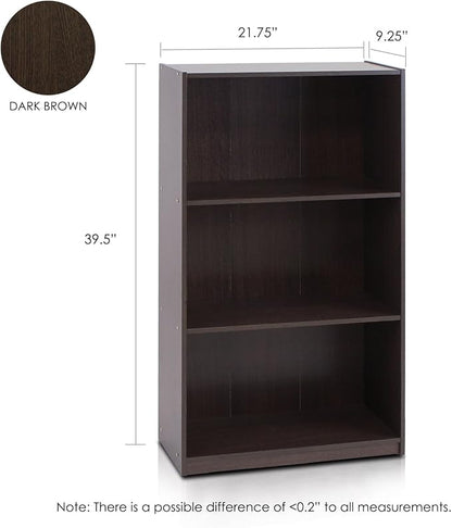 Furinno BASIC Book Shelf, 3-Tier Modern Bookshelf, Bookcase with Open Shelves, 9.3" x 21.8" x 39.5", for Living Room, Bedroom, Home Office, Dark Brown