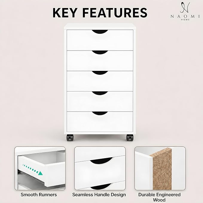 Naomi Home Under Desk Office File Cabinet with 5 Drawers, Rolling Storage Organizer with Lockable Wheels, Handle-Free Design & Spacious Top Surface, Compatible Cabinet for Home Office - White