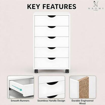Naomi Home Under Desk Office File Cabinet with 5 Drawers, Rolling Storage Organizer with Lockable Wheels, Handle-Free Design & Spacious Top Surface, Compatible Cabinet for Home Office - White