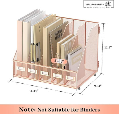 SUPEASY Desk Organizers Metal Desk Magazine File Holder with 5 Vertical Compartments Rack File Organizer for Office Desktop, Home Workspace, Rose Gold