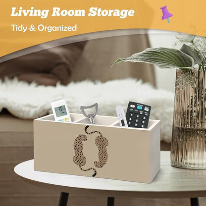 Trendy Retro Leopard Pen Holder Organizer for Desk Accessories, Rustic Neutral Cheetah Wild Animals Wooden Box Sign Desk Decorations for School Girly Room Dorm Decor