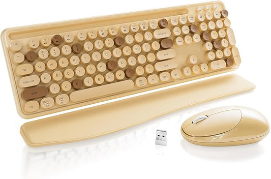 Wireless Keyboard and Mouse, Colorful 104-Key QWERTY with Round Keys, Phone Holder, Wrist Rest, Power Buttons, 2.4GHz USB for PC Laptop (Milk-Tea Colorful)