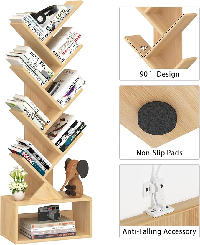 SHEEPAM 9 Tier Tree Bookshelf,Christmas Green Bookcase for Narrow Space, Storage Organizer Floor Standing Bookshelves for Books, Tall Book Case for Home Office, Living Room, Bedroom