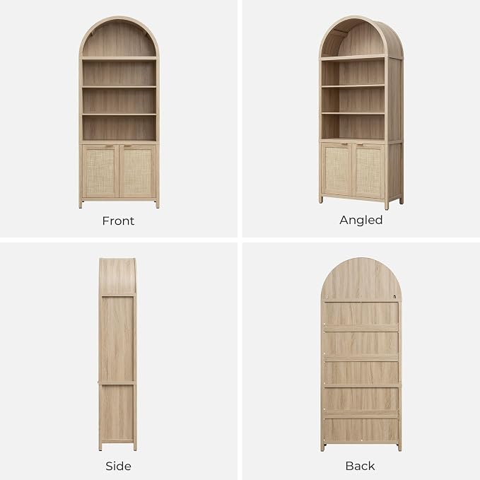 SICOTAS Book Shelf Arched Cabinet Bookshelf Arch 84.2" Tall Bookcase 5 Tier Large Bookshelves with Doors Storage Rattan Boho Wide Book Shelves Case for Living Room Kitchen Office Library