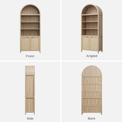 SICOTAS Book Shelf Arched Cabinet Bookshelf Arch 84.2" Tall Bookcase 5 Tier Large Bookshelves with Doors Storage Rattan Boho Wide Book Shelves Case for Living Room Kitchen Office Library