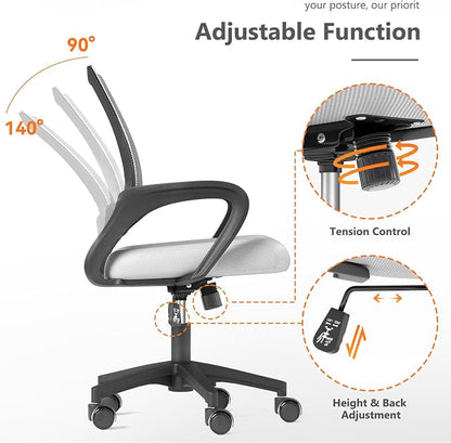 OS MOTOR Home Office Chair, Ergonomic Mid-Back Mesh Desk Chair with Lumbar Support, Adjustable Swivel Rolling Design, Comfy Armrest for Work, Study, Gaming, Vanity (White, Single Chair)