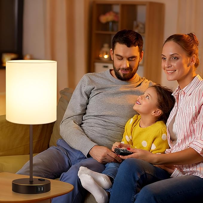 Lynnoland 2 Pack Touch Control Table Lamps with 2 USB & AC Outlet, 3-Way Dimmable Bedside Nightstand Lamps for Bedroom Living Room Nursery, 800 Lumens 3000K Warmlight Bulbs Included