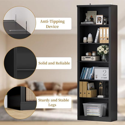 Thacuok 75" Tall Bookshelf Set of 2, 6 Tier Bookshelf with Adjustable Shelves, Bookcase with Anti-Tipping Device, Floor Standing Modern Display Rack,Book Shelf for Living Room, Bedroom, Office, Black