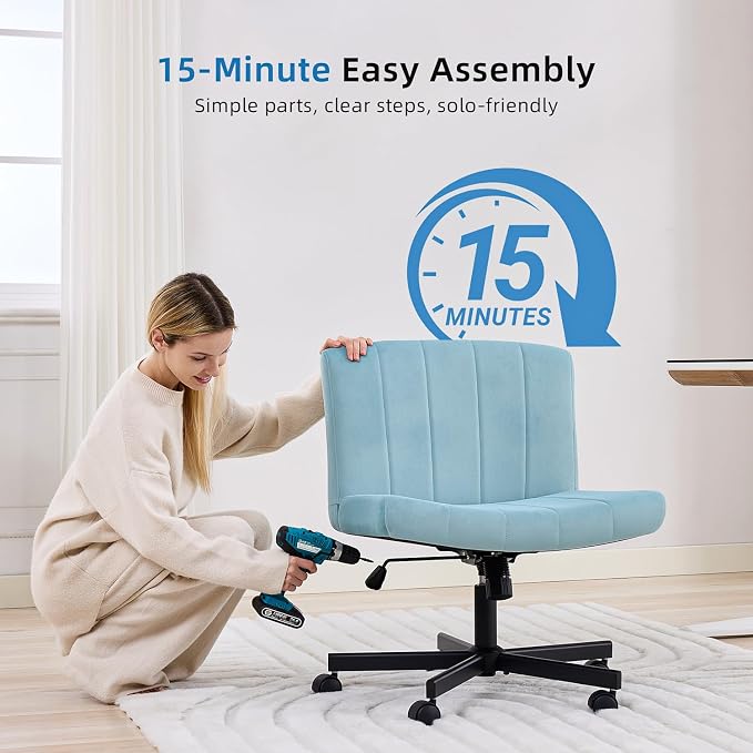 amseatec Criss Cross Chair, Wide Cross Legged Desk Chair with Wheels, Comfy Fabric Vanity Chair for Home Office, Adjustable Armless Swivel Task Chair with 90–115°Tilt（300Lbs/Blue）