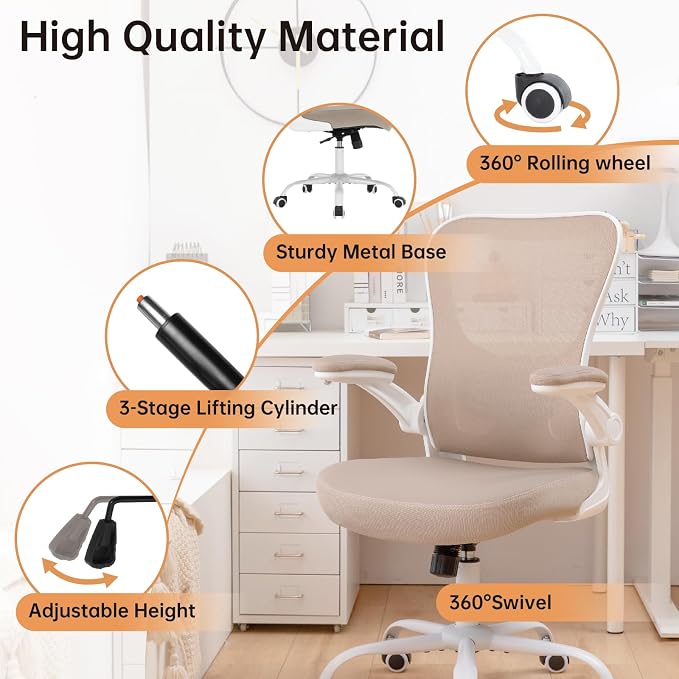 Ergonomic Office Chair,PU Leather Swivel Desk Chair with Lumbar Support,Adjustable Height Executive Task Chair with Flip-Up Armrests,Comfy Coumputer Chair for Home Office(Khaki)